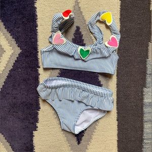Mini Boden seersucker striped bikini with hearts appliqué